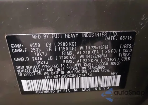 2016 Subaru Outback 3.6R Limited z USA, uszkodzony, nr VIN 4S4BSENC8G3214354